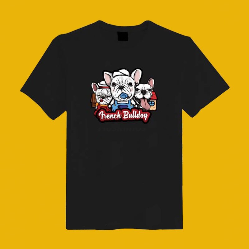 犬と戦う3匹の小さなブタのイラストブラックの短いTシャツTシャツカップル服子供服母と子服 - Tシャツ - コットン・麻 ブラック