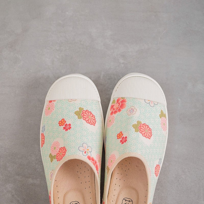 [Lazy Day] Xiaohua Day and Japanese floral cloth office slippers - รองเท้าแตะ - ผ้าฝ้าย/ผ้าลินิน สีเขียว