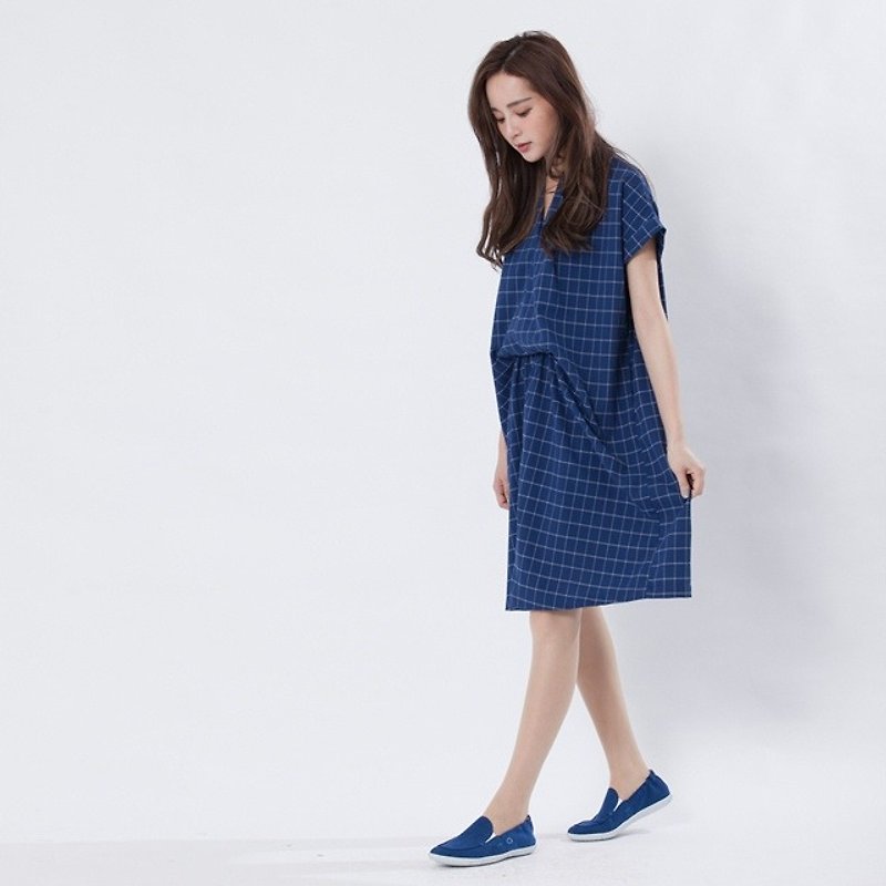 Greta Wrinkles dress / blue lattice - ワンピース - コットン・麻 ブルー