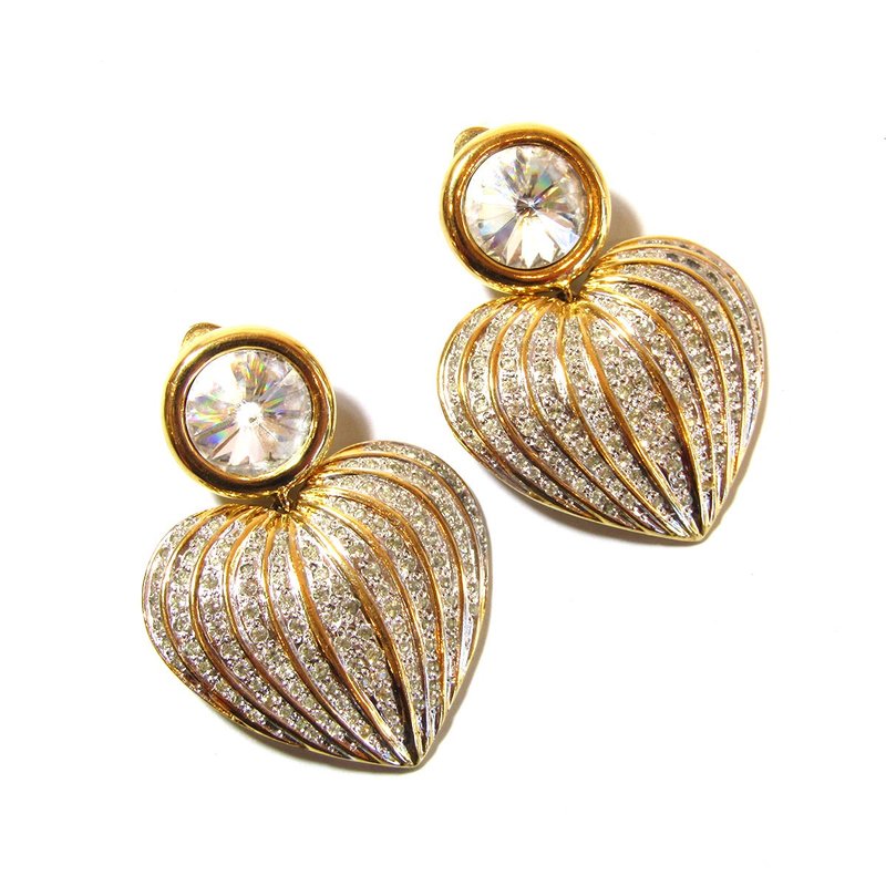 Vintage Valentino rhinestone heart motif gold tone earrings - ต่างหู - โลหะ สีทอง