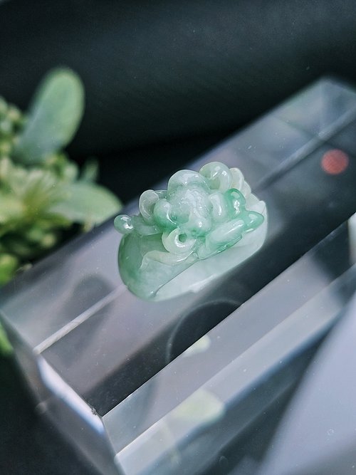 Luien路安翡翠 招財|立體細糯冰藍蓮花寬版戒圈|緬甸A貨翡翠戒指#14