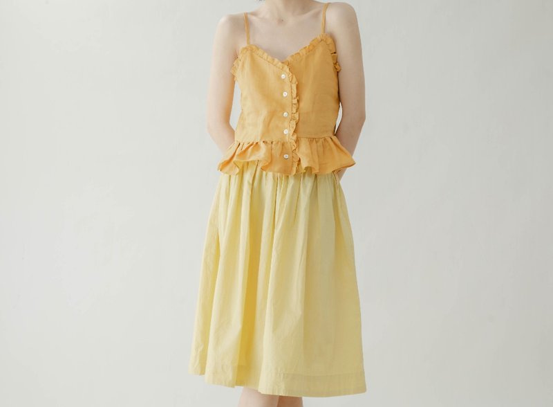 French retro girl summer high waist skirt - ชุดเดรส - ผ้าฝ้าย/ผ้าลินิน สีเหลือง