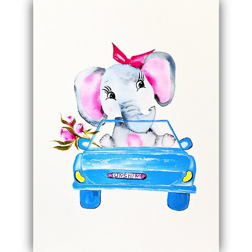 RayLarArt Watercolor Original Elephant by Car Room Decor Animal Baby Illustration Painting
