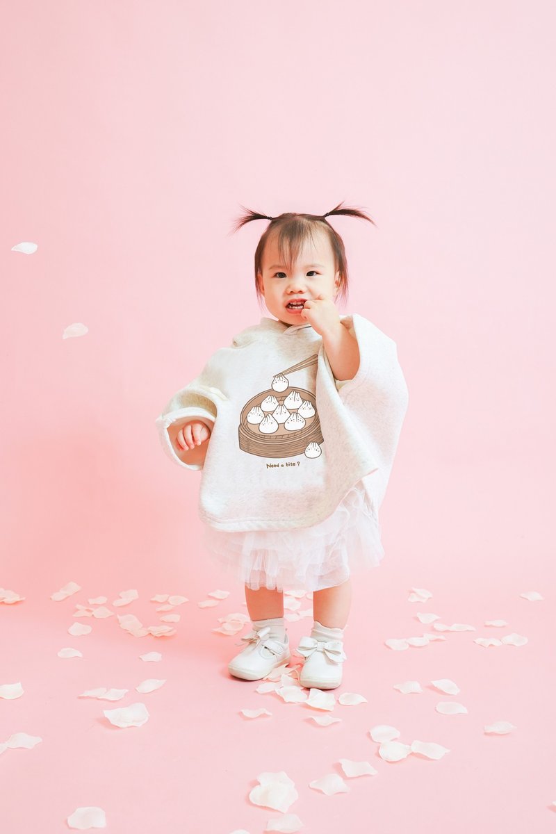 Kid-麻糬兔小籠包小孩厚款斗篷帽衣 (麻白) - 男/女童外套 - 棉．麻 白色