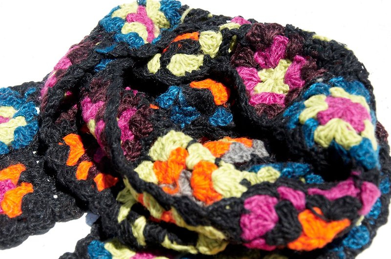 Limited one hand crocheted wool scarf / flower crocheted silk scarf / crocheted scarf / hand woven silk scarf / flower woven stitching wool scarf-black fashion forest style flower scarf - Scarves - Wool Multicolor