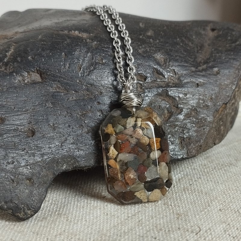 Natural stones necklace handmade. Epoxy resin pendant on stainless steel chain - Necklaces - Resin Brown