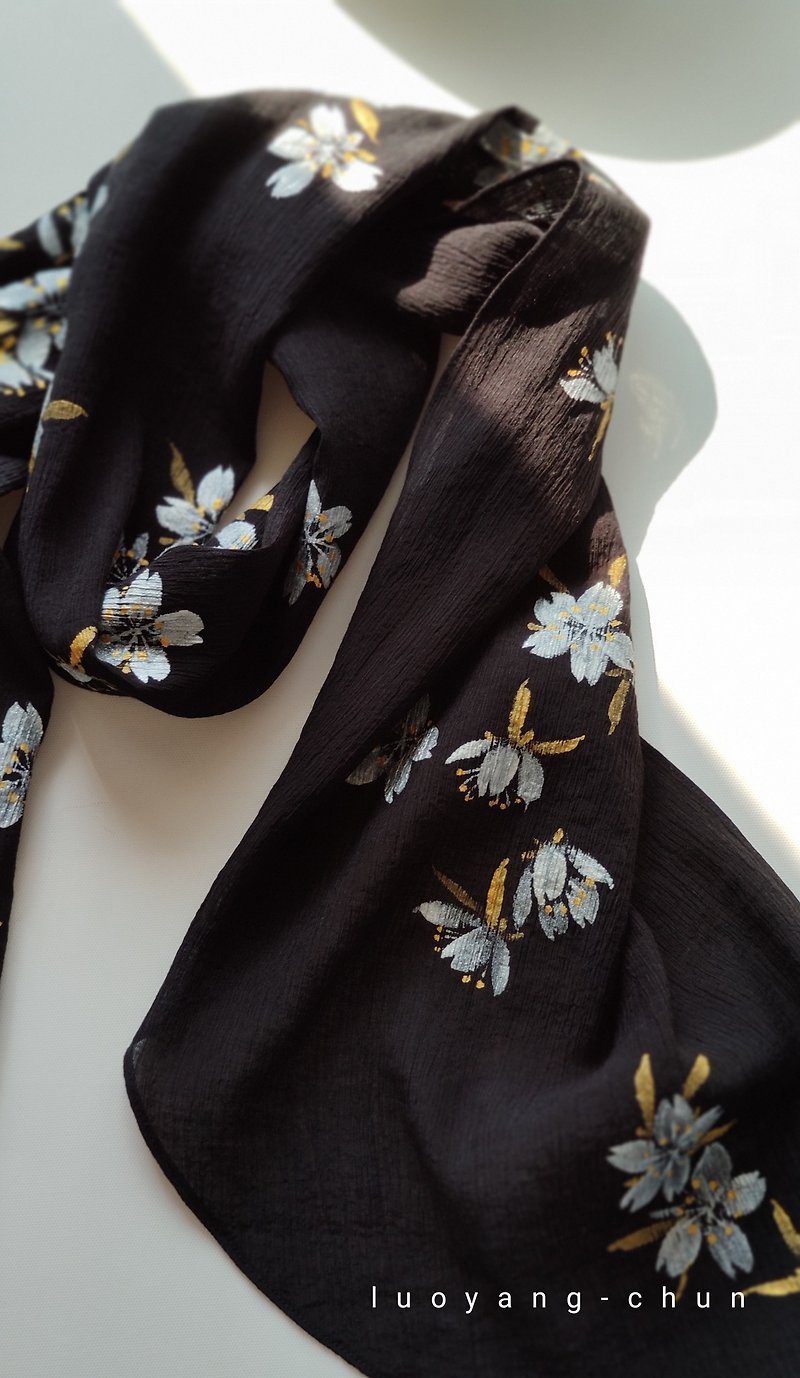 手描き柳木綿スカーフ～ホワイトゴールド×墨黒 - スカーフ - その他の化学繊維 