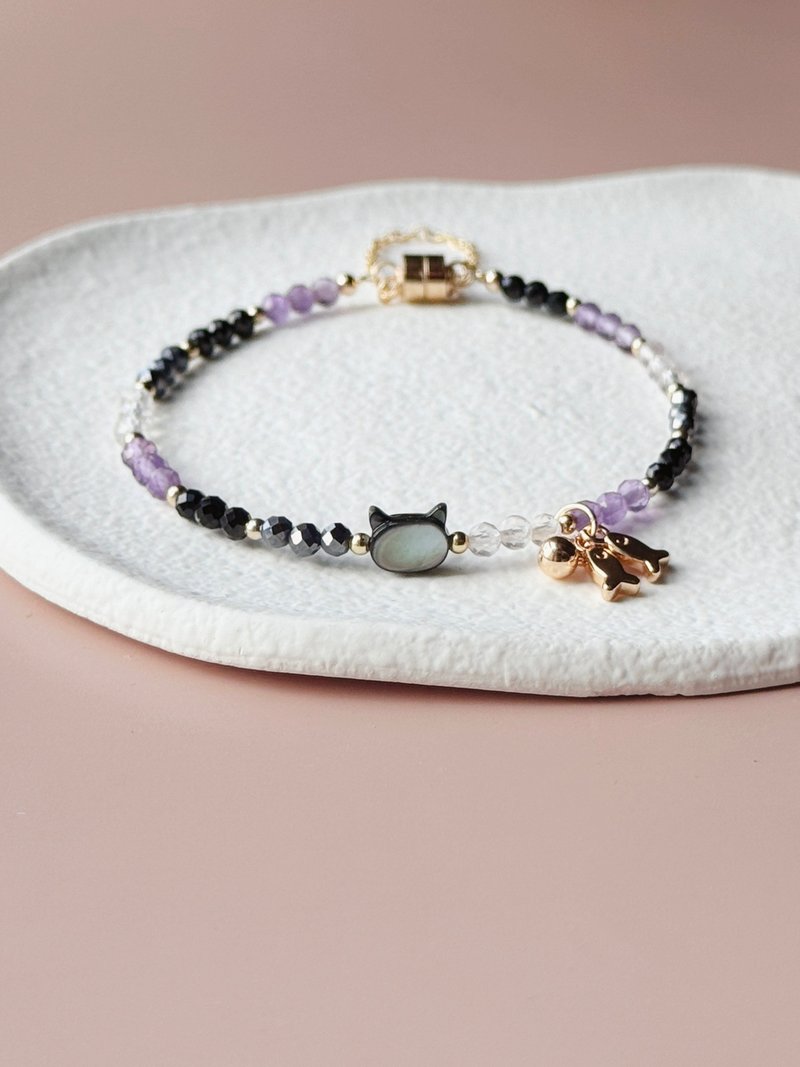 貓咪與小魚水晶手鍊 | 黑碧璽 粉晶 紫水晶 赤鐵礦  | 守護療癒 - 手鍊/手環 - 水晶 紫色