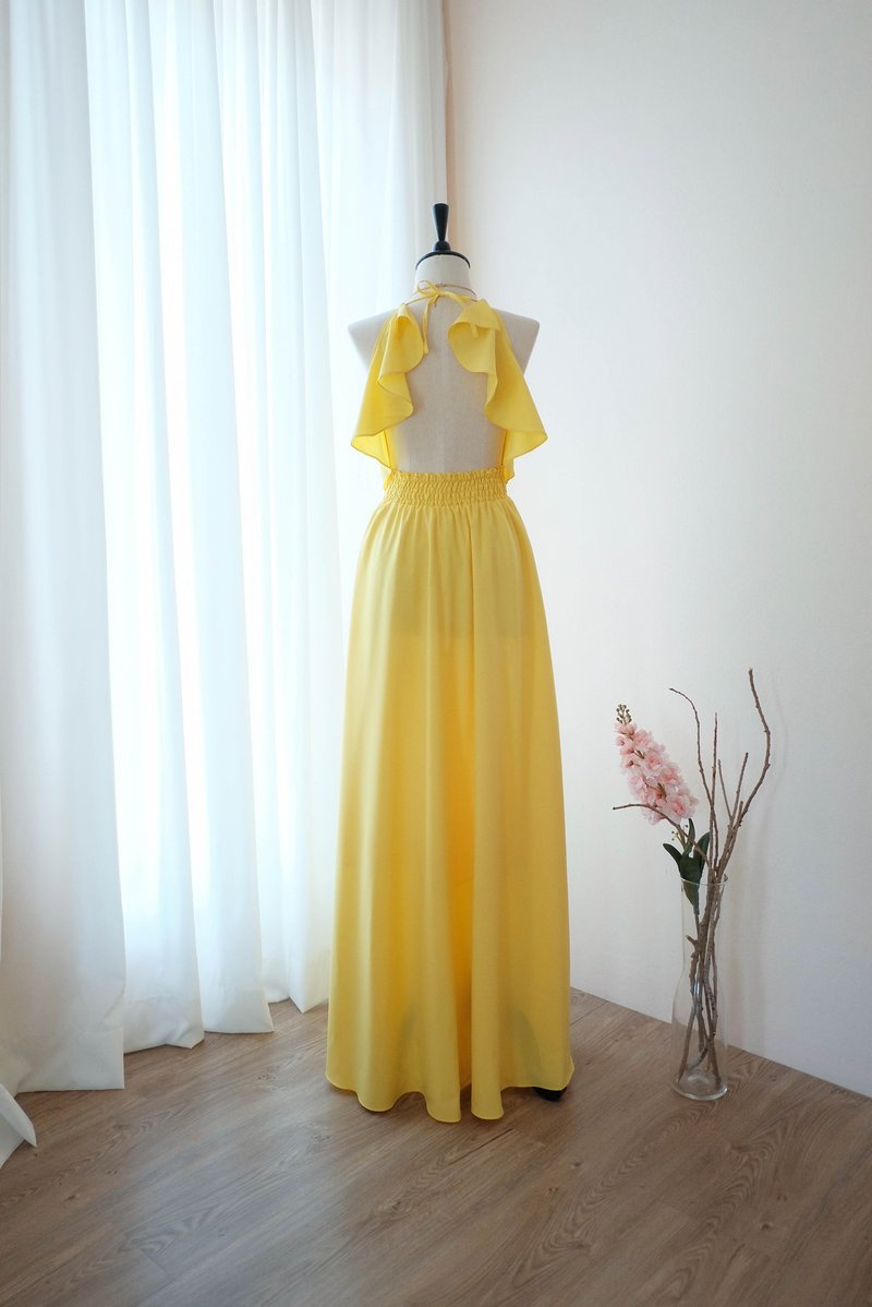 Yellow backless dress Maxi halter bridesmaid dress , Wedding party dress - Evening Dresses & Gowns - Polyester Yellow