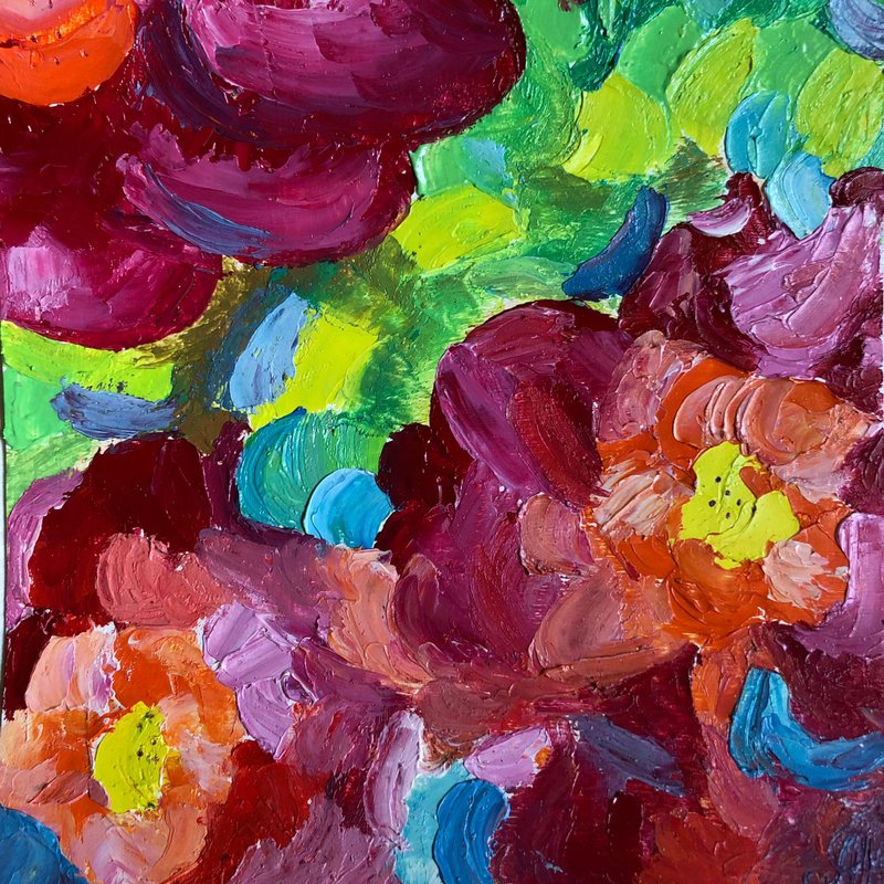 Bright flowers original oil painting impasto wall art handmade 6 x 6 inches - 壁貼/牆壁裝飾 - 其他材質 多色
