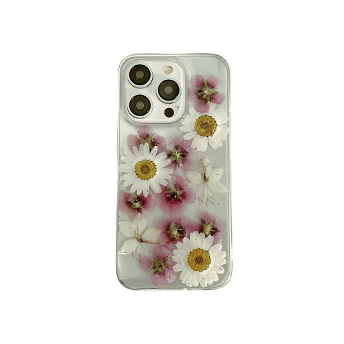 FeimeiPresents 粉紅木槿 白雛菊手工押花手機殼適用於iPhone Samsung Sony LG