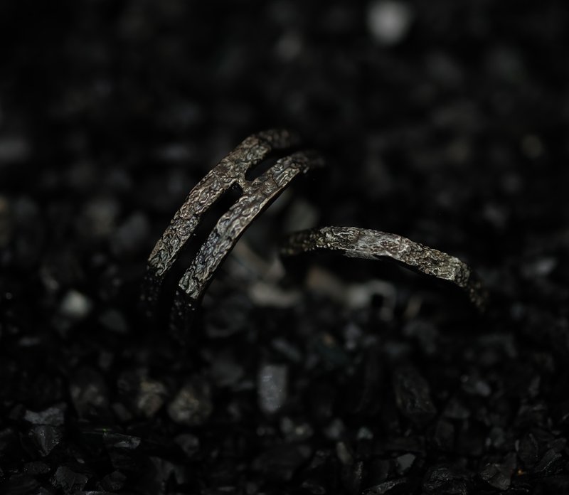 Texture Couple ring 2 lines - 對戒 - 純銀 黑色