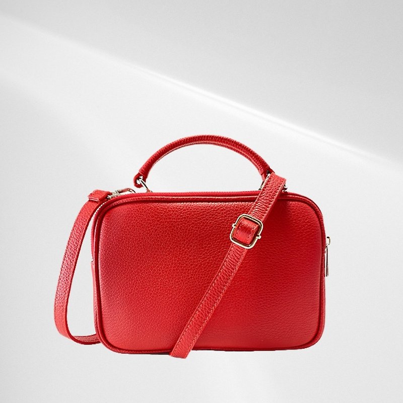[Made in Italy] Rebecca Double Cube Portable Crossbody Bag Affectionate Red - กระเป๋าเครื่องสำอาง - หนังแท้ สีแดง