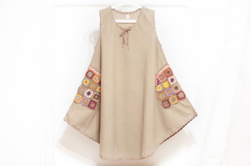 Knitted woven pockets cotton and linen dress / ethnic style dress / flower dress / ethnic dress - flowers - ชุดเดรส - ผ้าฝ้าย/ผ้าลินิน สีกากี
