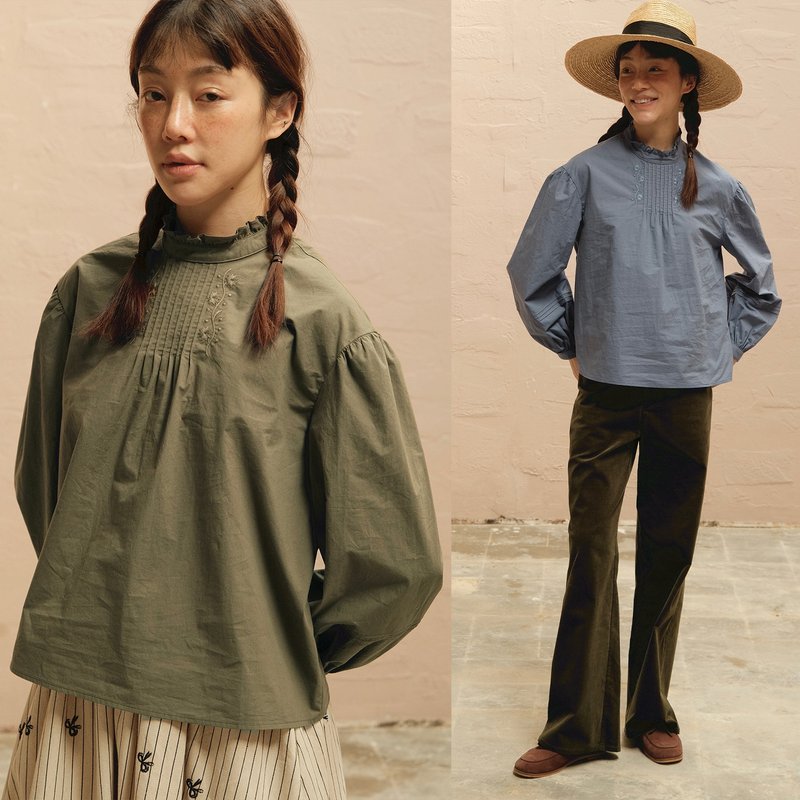 MintCheese 古典法式蕾絲領刺繡風琴褶精梳棉襯衫 - 女裝恤衫 - 棉．麻 多色