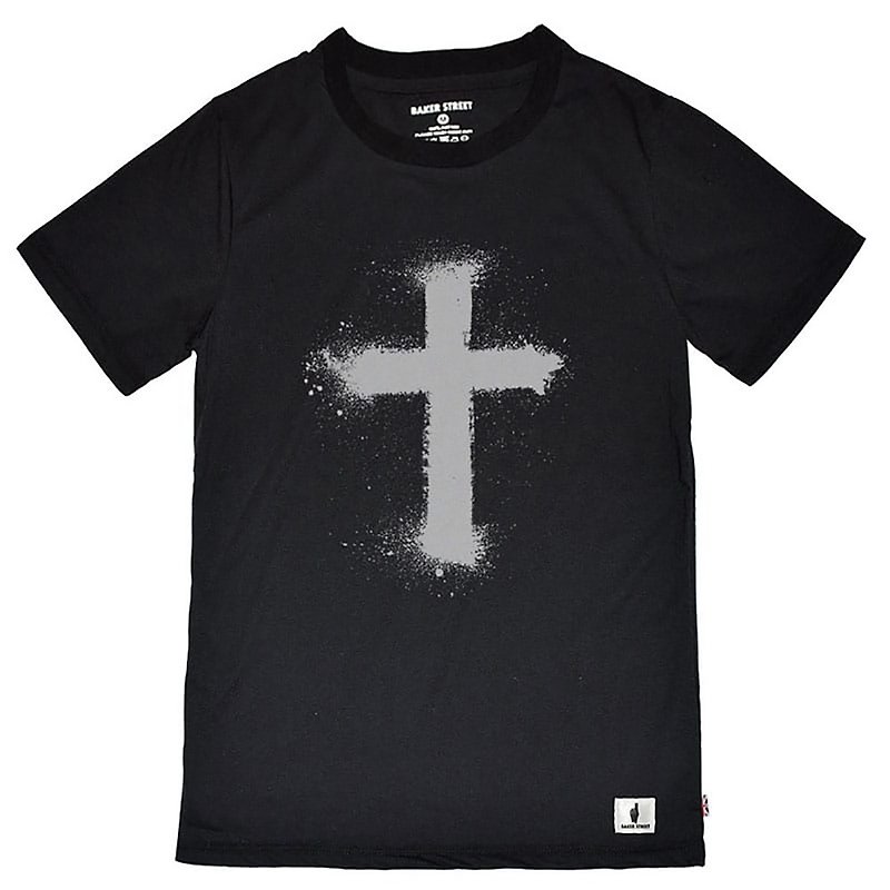 【英國 Baker Street 貝克街】中性版 - 純棉短袖T - 白色十字架 - T 恤 - 棉．麻 黑色