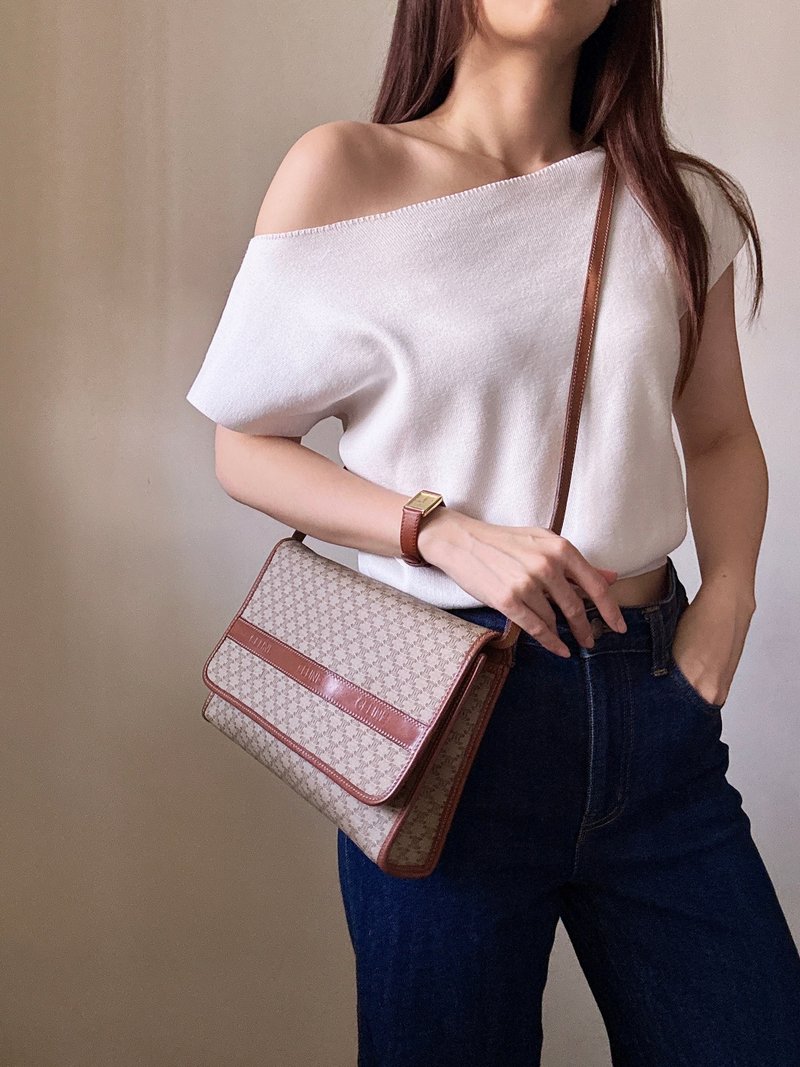 中古正品Celine Macadam 老花真皮兩用包 斜背包 男女適用 - 側背包/斜背包 - 防水材質 咖啡色