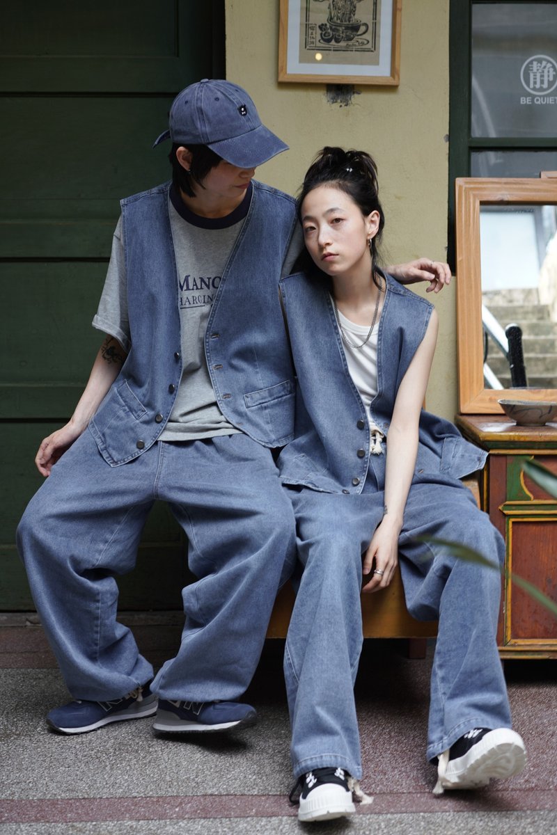 Retro gray blue simple and good with loose washed drawstring elastic waist denim wide pants - กางเกงขายาว - วัสดุอื่นๆ สีน้ำเงิน