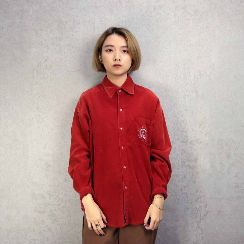 Tsubasa.Y vintage house B03 orange red corduroy shirt, cotton shirt vintage - Women's Tops - Cotton & Hemp Red