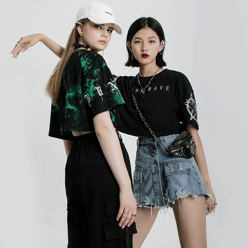 Pentagram Gummy Two-piece Cotton Top - Pure Black / Tie-Dye Black and Green / Out of Print Soon - Women's Tops - Other Materials Black