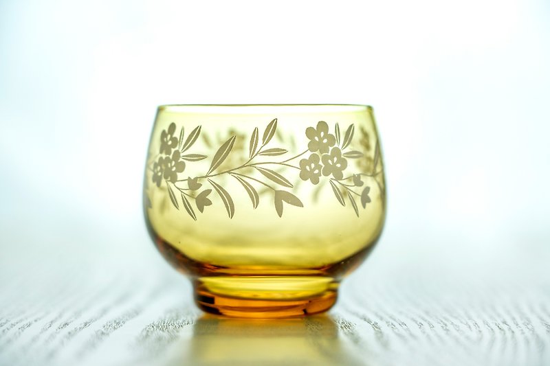 日本製 昭和 早期琥珀色印花玻璃冷茶杯  中古如新 台灣免運 - 杯/玻璃杯 - 玻璃 橘色