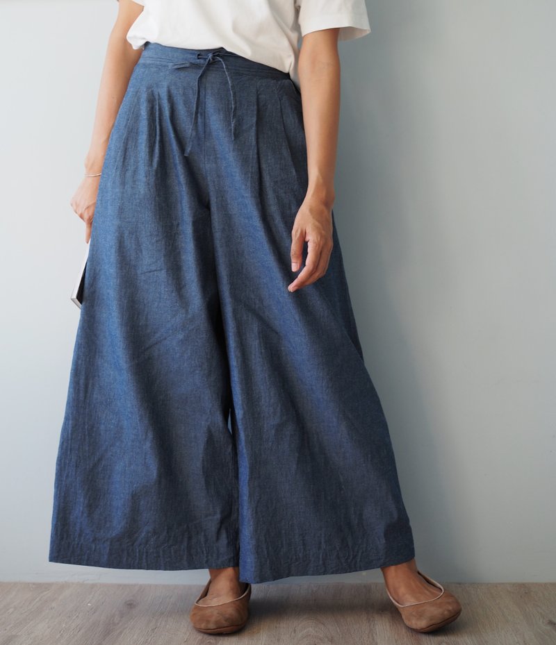 Cotton Chambray Wide Leg Trousers - กางเกงขายาว - ผ้าฝ้าย/ผ้าลินิน สีน้ำเงิน