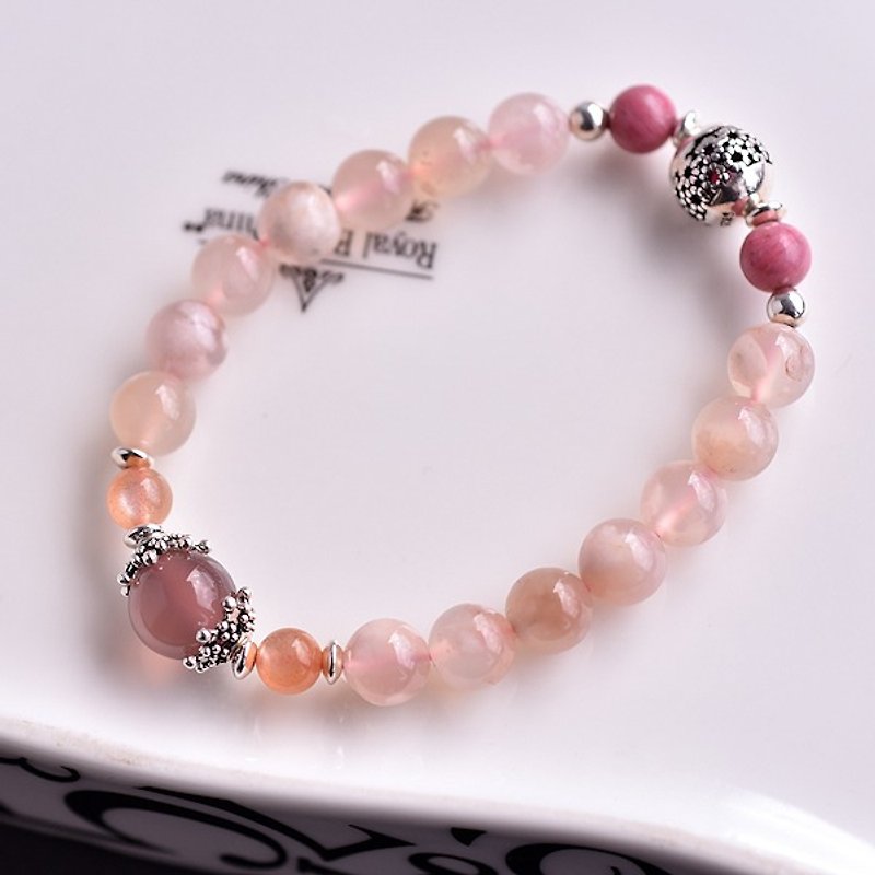 櫻花瑪瑙+紫玉髓+玫瑰石+太陽石純銀手鍊 - 手鍊/手鐲 - 寶石 粉紅色