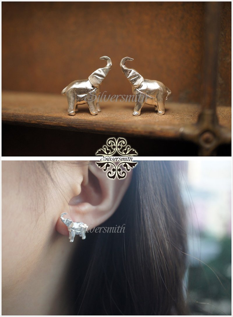 The 925 Sterling Silver Origami Elephant Stud Earrings(Up) - E69 - ต่างหู - เงินแท้ สีเงิน