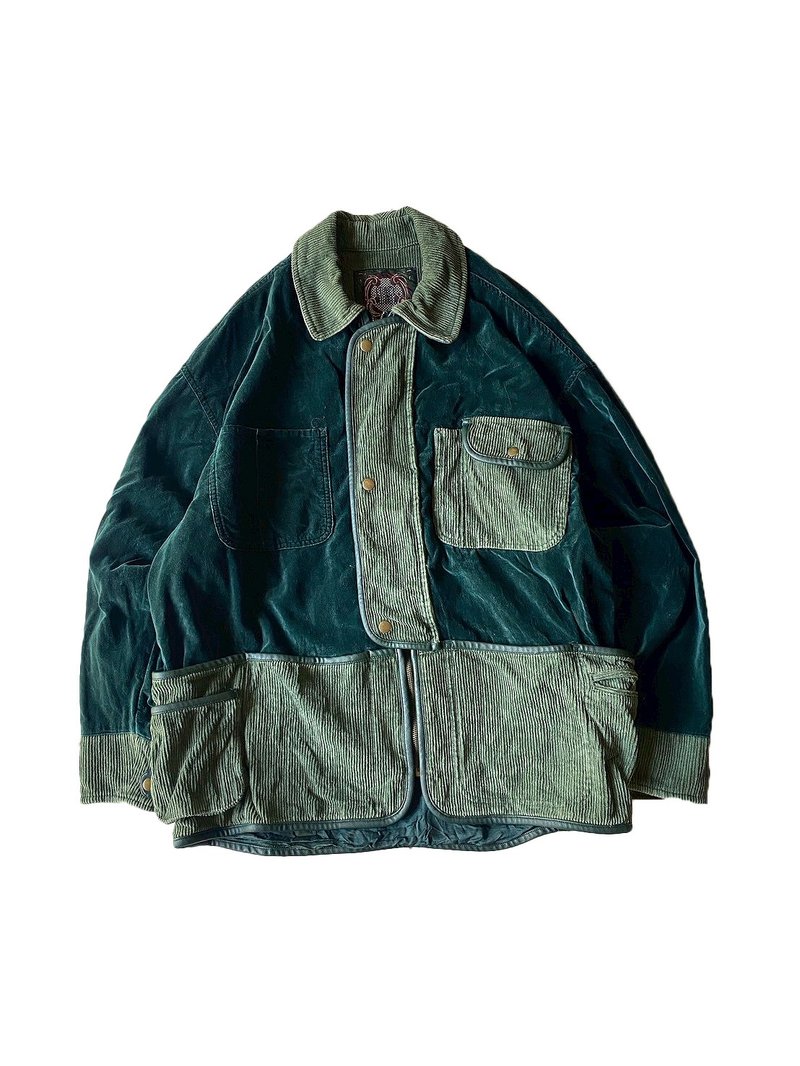 --兩光師古著--蜜桃絨拼接綠色大衣 - 男夾克/外套 - 其他材質 綠色