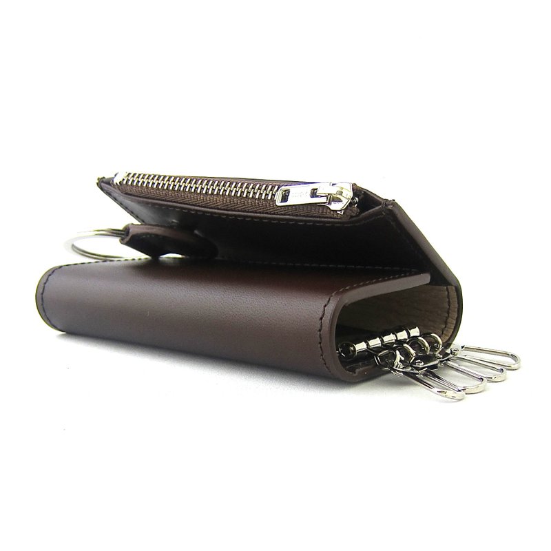 Key case with zipper pocket Coin pocket Detachable key ring 4 rows Functional genuine leather Italian vachetta leather Vegetable tanned leather - Keychains - Genuine Leather Brown