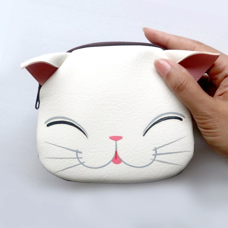 【雙11折扣】White cat coin purse ,small synthetic leather wallet bag with zip. - 零錢包/小錢包 - 人造皮革 白色