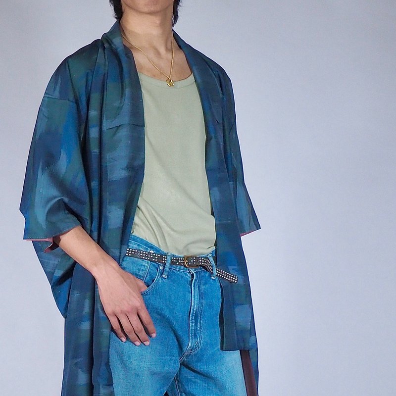 【日本製】 藍色絲綢和服、男女通用和服、和服禮服、和服長袍、 - 居家服/睡衣 - 絲．絹 藍色