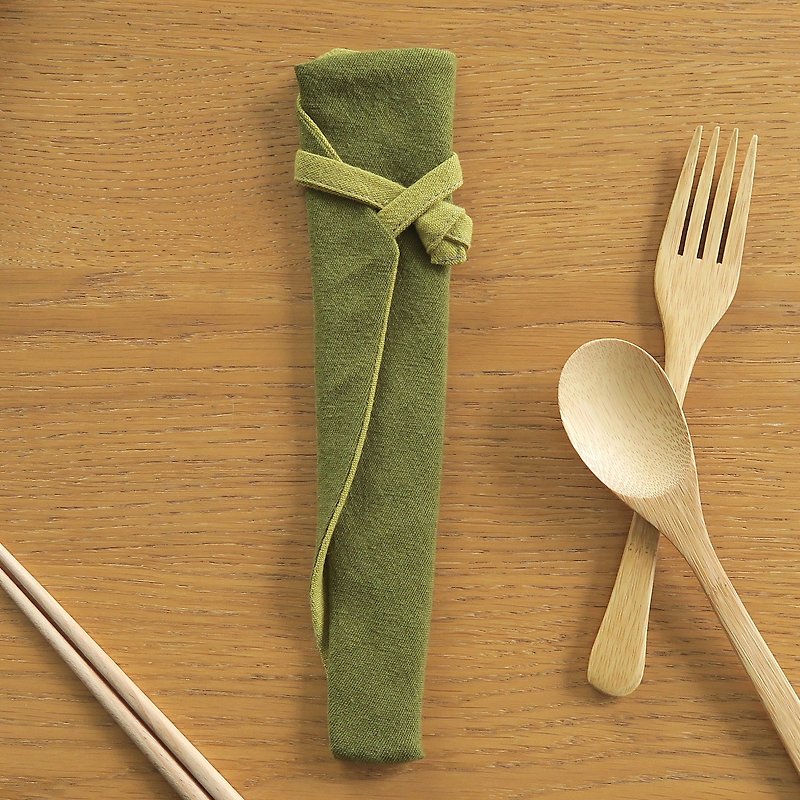 棉麻餐具收納袋-餐具行囊 | 寬版 | 抹茶綠x芥末黃 - 刀/叉/湯匙/餐具組 - 棉．麻 綠色