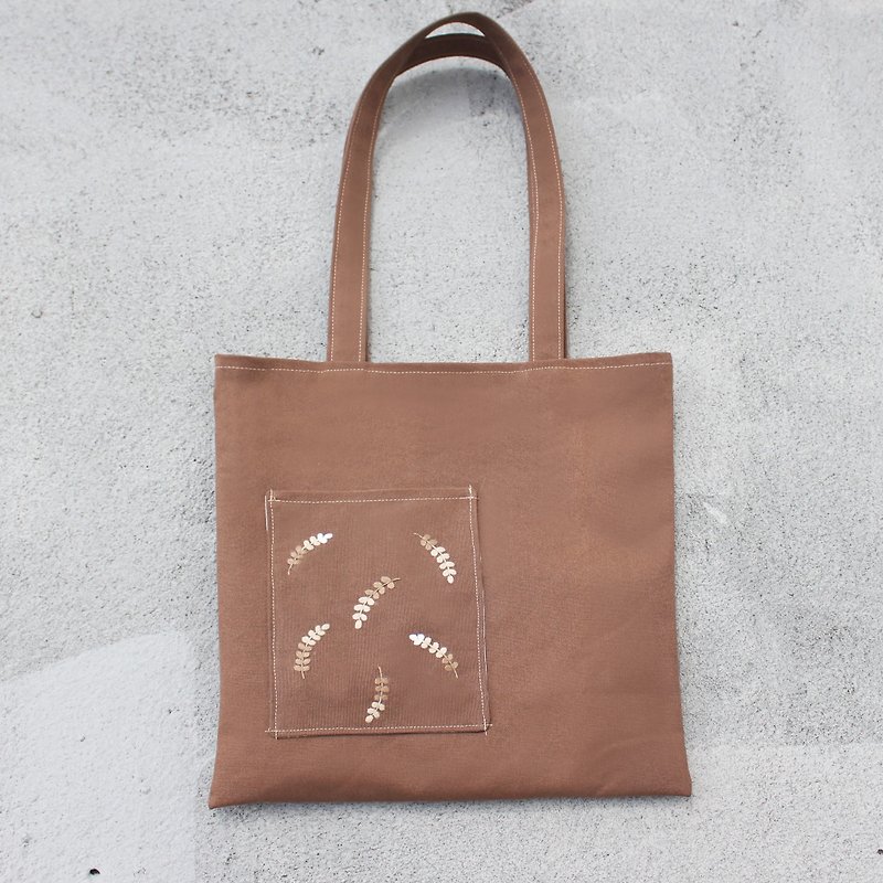 Hand-embroidered shoulder bag canvas bag leaf coffee - Handbags & Totes - Cotton & Hemp Brown