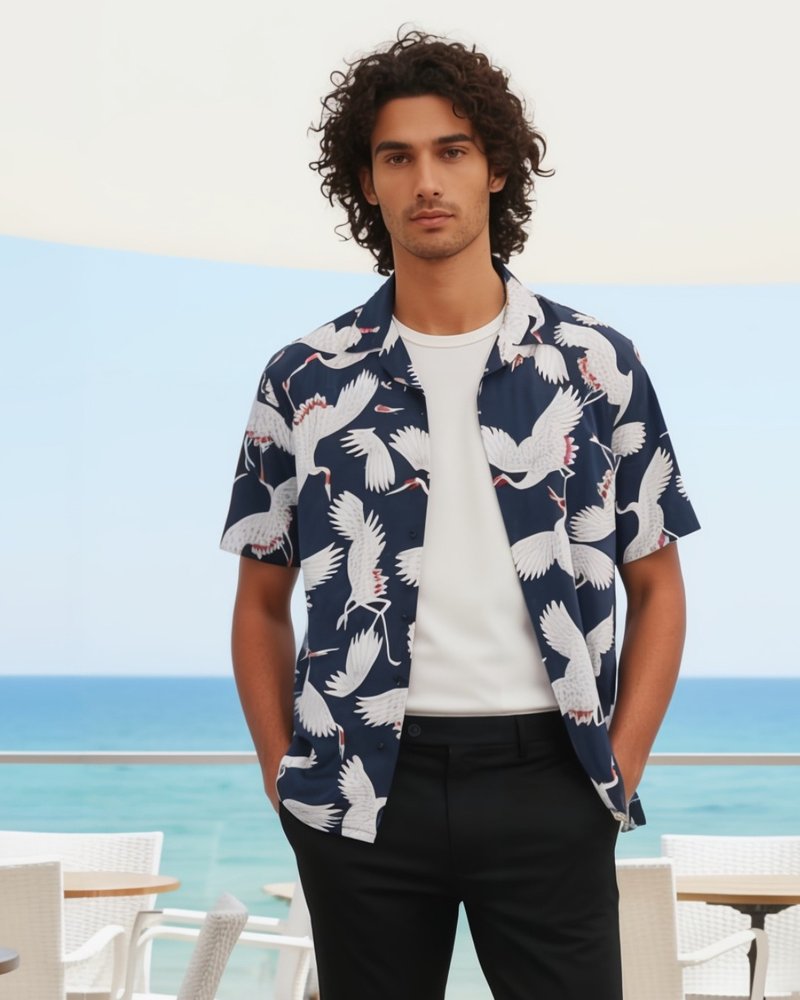 メンズサイズ  キモノチックな鶴のプリント ネイビー アロハシャツ - シャツ・ブラウス - コットン・麻 ブルー