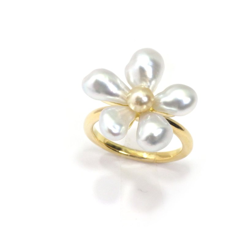 South Sea keshi pearl ring 18K yellow gold Flower KR61116 - แหวนทั่วไป - ไข่มุก 