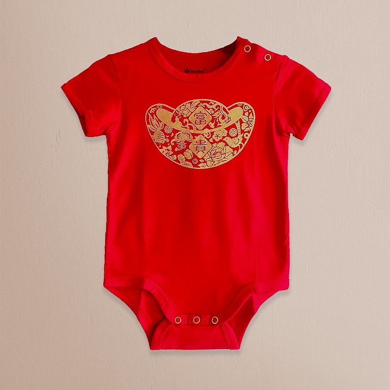 Taiwan-made cotton bag fart clothes baby clothes / short-sleeved / rich and honorable bronzing gold ingot MIT - Onesies - Cotton & Hemp Red