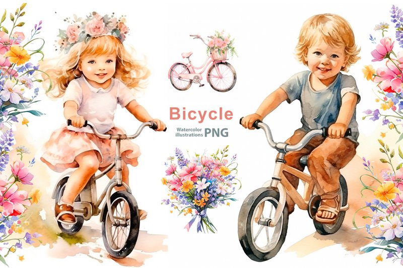 Watercolor summer clipart, 10 Png, Girl Riding Bicycle Watercolor cute girl png - 電子手帳及素材 - 其他材質 