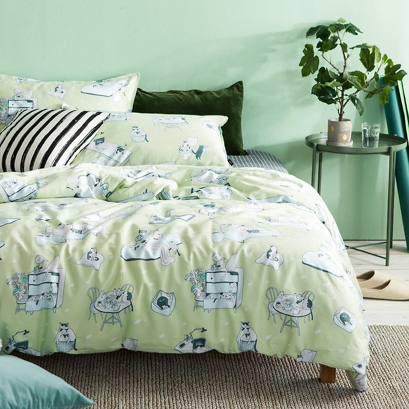 House 喵 pillowcase + quilt cover two sets of single double original hand-painted cat 40 cotton bed package optional - Bedding - Cotton & Hemp Green