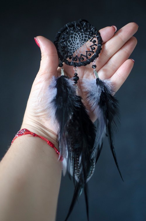 VIDADREAMS Handmade Small Black and Gray Dreamcatcher | Car Mirror Charm| นักล่าฝัน