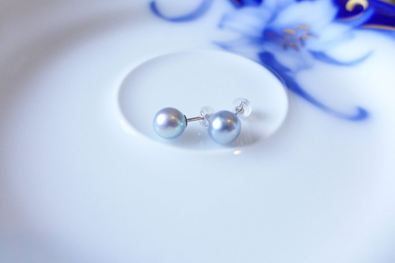 (最後3對現貨)18K金天然無調色藍色日本Akoya珍珠耳環 - 7mm - 耳環/耳夾 - 珍珠 藍色