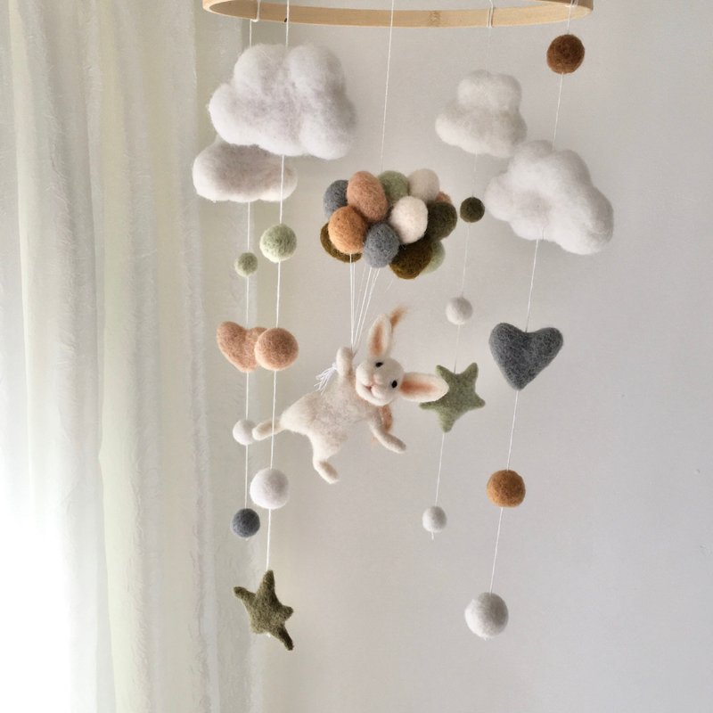 White bunny with balloons, Bunny baby mobile, Cloud baby mobile, Baby