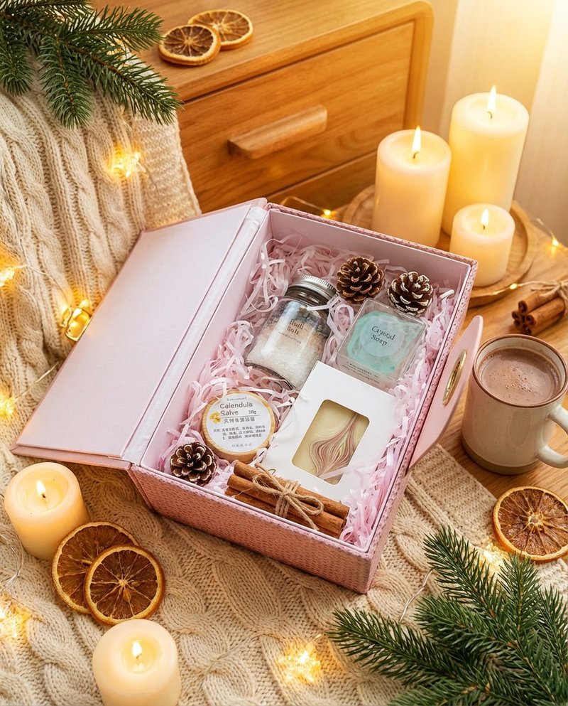 Heartwarming Winter Christmas Gift Box | Handmade Bath & Body Set - ชุดของใช้พกพา - พืช/ดอกไม้ สึชมพู