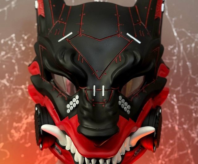 サイバーパンク狐面 ハーフブラック ハーフレッド サイバーマスク 未来