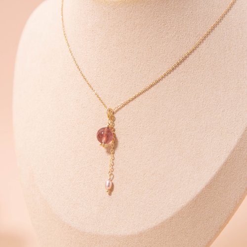 歆飾 Hsin Jewelry 娉婷│草莓晶 天然淡水珍珠 水晶項鍊 鎖骨鍊