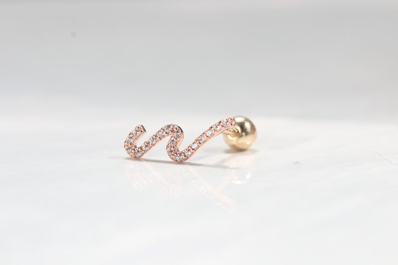 Pure 14K Curve CZ Piercing Hand-painted Line Lock Bead Earrings (Single) - Earrings & Clip-ons - Precious Metals Gold