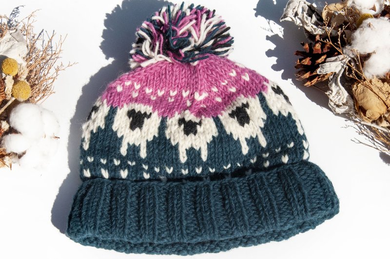 Hand-knitted Pure Wool Hat | Crochet Beanie | Brushed Interior Handmade Wool Hat | Nordic Sheep Design Yarn Hat - Hats & Caps - Wool Multicolor