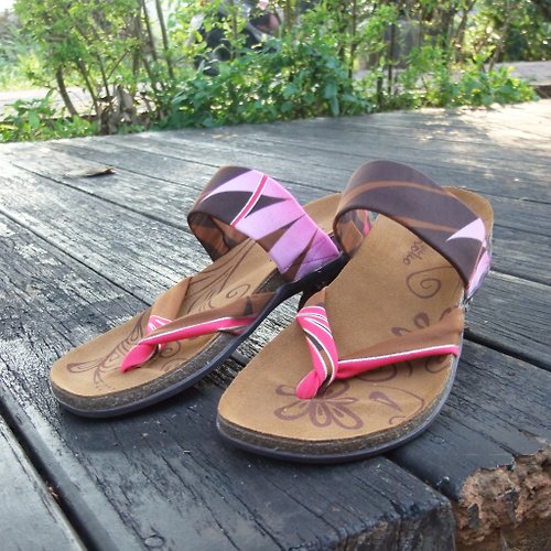 Alina 健康鞋 【京都の風景 棕櫚葉】日式舒活/彈力萊卡布料 真皮軟木氣墊鞋