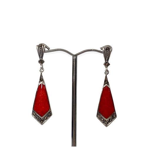 alisadesigns Art Deco Style Triangle Drop Earrings / Set Coral and Stone 925 Sterling Silver