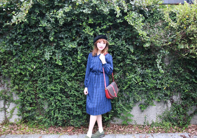 Back to Green :: Blue Check vintage dress (D-39) - One Piece Dresses - Silk 